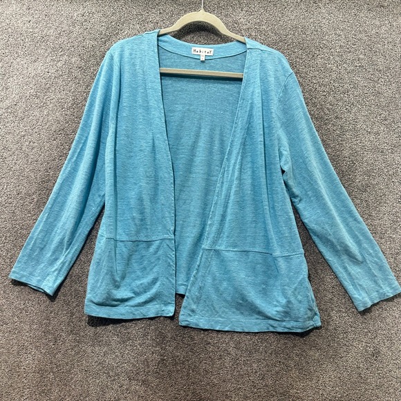 Habitat Sweaters - Habitat Cardigan Sweater Women Large Blue 100% Linen Pockets Open Front Beachy